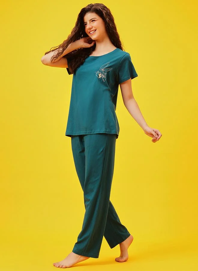 Clovia Solid T-Shirt and 100% Cotton Pyjama Set